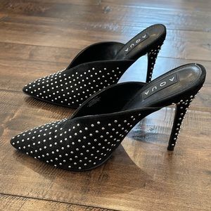 Aqua Black Suede Studded Slides